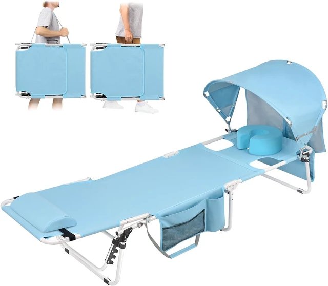 Main image of Folding Tanning Lounge Chair for Adults with Adjustable UPF50+ Sun Canopy, Face Hole & Padded Pillow, 5Position Reclining 300 LBS HeavyDuty Oxford Chair for Beach Poolside Lawn Sunbathing