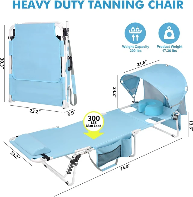 Alt view image 2 of 7 - Folding Tanning Lounge Chair for Adults with Adjustable UPF50+ Sun Canopy, Face Hole & Padded Pillow, 5Position Reclining 300 LBS HeavyDuty Oxford Chair for Beach Poolside Lawn Sunbathing