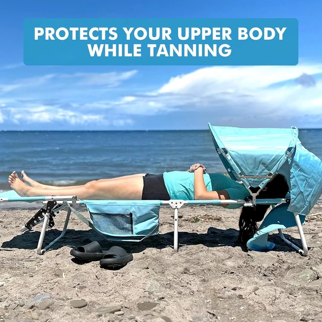 Alt view image 4 of 7 - Folding Tanning Lounge Chair for Adults with Adjustable UPF50+ Sun Canopy, Face Hole & Padded Pillow, 5Position Reclining 300 LBS HeavyDuty Oxford Chair for Beach Poolside Lawn Sunbathing