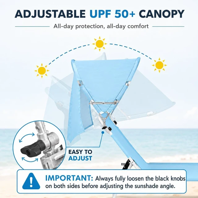 Alt view image 5 of 7 - Folding Tanning Lounge Chair for Adults with Adjustable UPF50+ Sun Canopy, Face Hole & Padded Pillow, 5Position Reclining 300 LBS HeavyDuty Oxford Chair for Beach Poolside Lawn Sunbathing