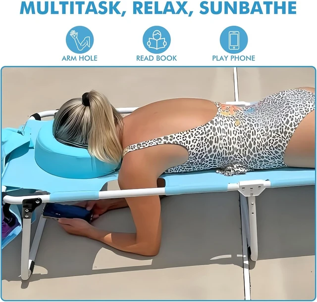 Alt view image 6 of 7 - Folding Tanning Lounge Chair for Adults with Adjustable UPF50+ Sun Canopy, Face Hole & Padded Pillow, 5Position Reclining 300 LBS HeavyDuty Oxford Chair for Beach Poolside Lawn Sunbathing