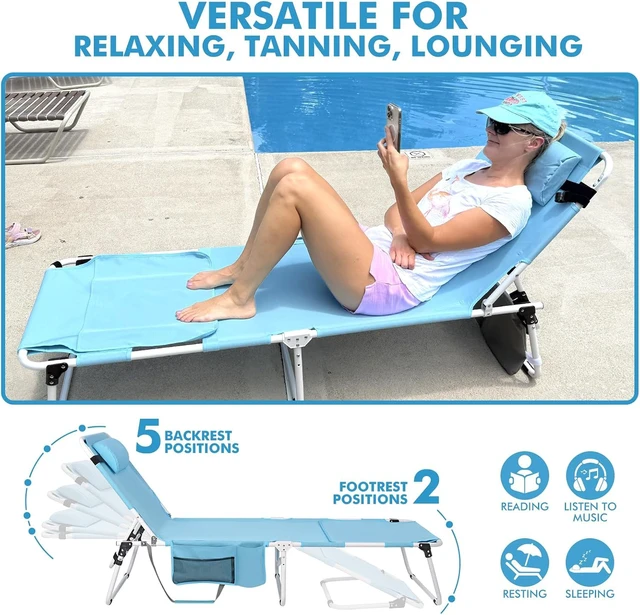 Alt view image 7 of 7 - Folding Tanning Lounge Chair for Adults with Adjustable UPF50+ Sun Canopy, Face Hole & Padded Pillow, 5Position Reclining 300 LBS HeavyDuty Oxford Chair for Beach Poolside Lawn Sunbathing