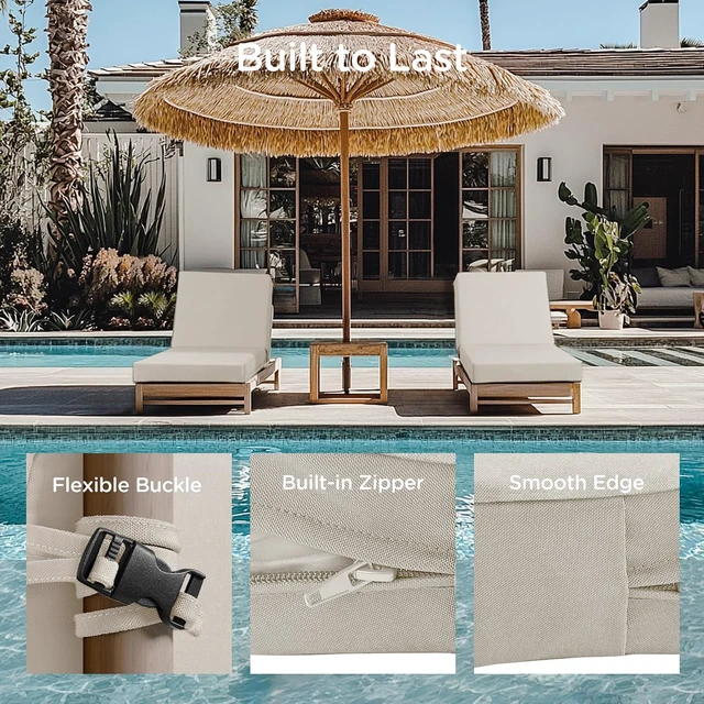 Alt view image 5 of 7 - 2 Pack 72x22.5 Inch Outdoor Chaise Lounge Cushions, 3.5" Thick High Density Foam Waterproof Fade Resistant Oxford Cushion with Non Slip Ties Washable Cover for Patio Pool Backyard Beige