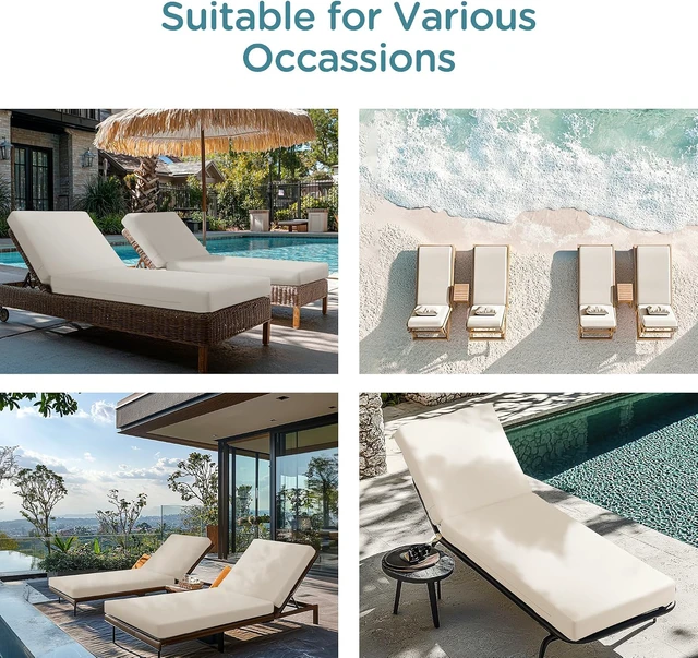 Alt view image 7 of 7 - 2 Pack 72x22.5 Inch Outdoor Chaise Lounge Cushions, 3.5" Thick High Density Foam Waterproof Fade Resistant Oxford Cushion with Non Slip Ties Washable Cover for Patio Pool Backyard Beige