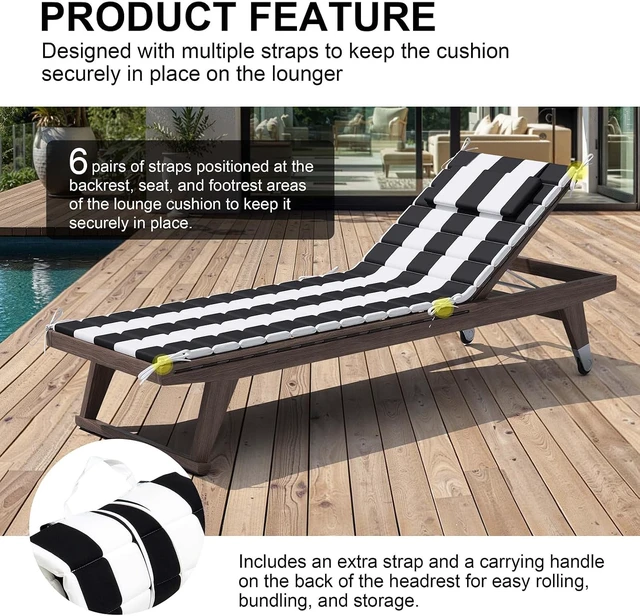 Alt view image 5 of 7 - 2 Pack 80x26 Inch Foldable Outdoor Chaise Lounge Cushion Black Stripe Water Resistant UV Protected Breathable Fabric Memory Foam Cushion with Adjustable Hidden Headrest for Patio Pool Furniture