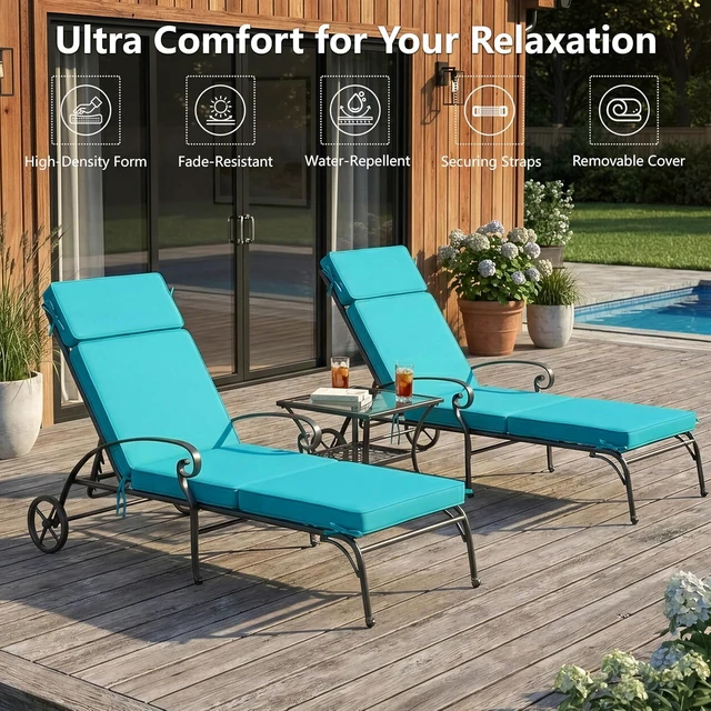 Alt view image 2 of 7 - 2 Pack 72x21 Inch Outdoor Chaise Lounge Cushions, 4 Section Water Repellent Fade Resistant Replacement Pad with 6 Tie Straps, Washable Removable Cover for Patio Pool Folding Lounges Teal