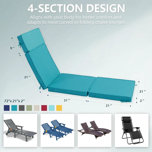 Alt view image 3 of 7 - 2 Pack 72x21 Inch Outdoor Chaise Lounge Cushions, 4 Section Water Repellent Fade Resistant Replacement Pad with 6 Tie Straps, Washable Removable Cover for Patio Pool Folding Lounges Teal