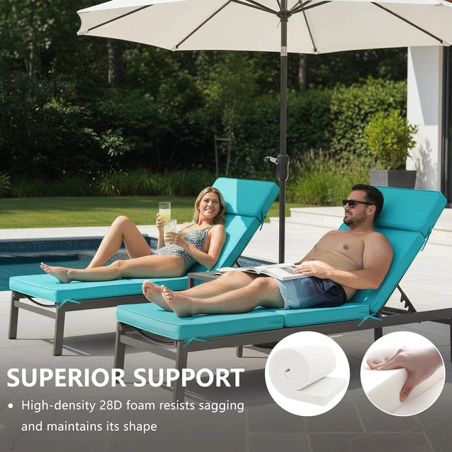 Alt view image 5 of 7 - 2 Pack 72x21 Inch Outdoor Chaise Lounge Cushions, 4 Section Water Repellent Fade Resistant Replacement Pad with 6 Tie Straps, Washable Removable Cover for Patio Pool Folding Lounges Teal