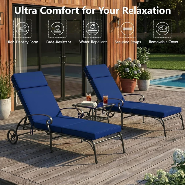 Alt view image 2 of 6 - 2 Pack 72x21 Inch Outdoor Chaise Lounge Cushions, Water Repellent Fade Resistant 4 Section Replacement Pad with 6 Tie Straps, Washable Cover for Patio Pool Folding Lounges Navy Blue