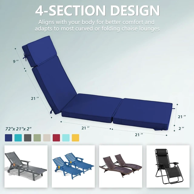 Alt view image 3 of 6 - 2 Pack 72x21 Inch Outdoor Chaise Lounge Cushions, Water Repellent Fade Resistant 4 Section Replacement Pad with 6 Tie Straps, Washable Cover for Patio Pool Folding Lounges Navy Blue