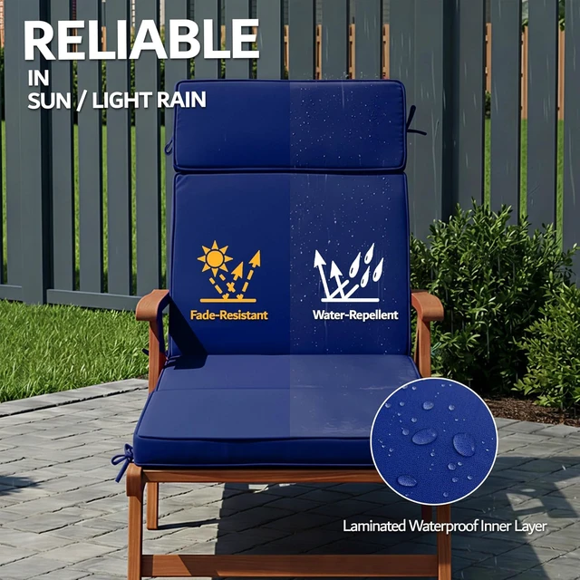 Alt view image 4 of 6 - 2 Pack 72x21 Inch Outdoor Chaise Lounge Cushions, Water Repellent Fade Resistant 4 Section Replacement Pad with 6 Tie Straps, Washable Cover for Patio Pool Folding Lounges Navy Blue
