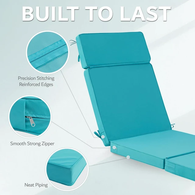 Alt view image 7 of 7 - 2 Pack 72x21 Inch Outdoor Chaise Lounge Cushions, 4 Section Water Repellent Fade Resistant Replacement Pad with 6 Tie Straps, Washable Removable Cover for Patio Pool Folding Lounges Teal