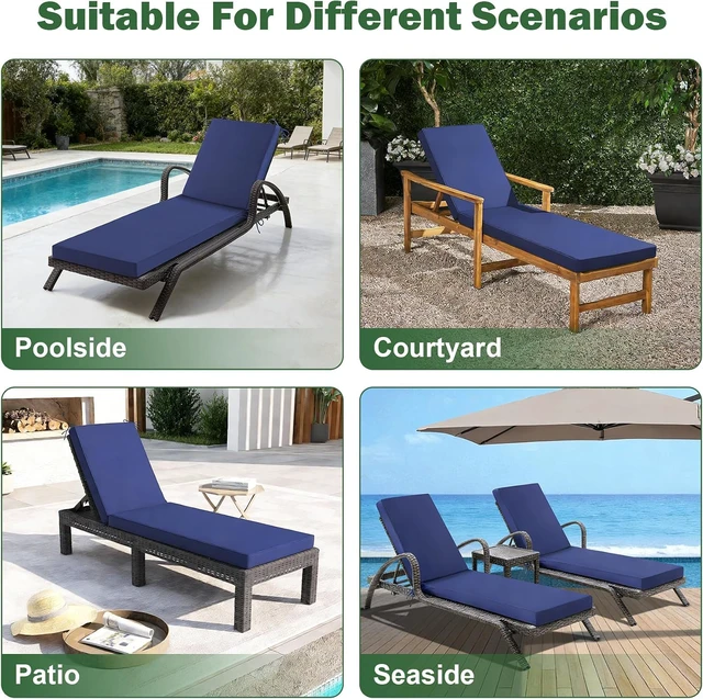 Alt view image 3 of 7 - 2 Pack 72x21x3 Inch Outdoor Chaise Lounge Cushion Waterproof Fade Resistant Dope Dyed Polyester Cushion with Secure Ties Quick Dry Foam Patio Pool Beach Replacement Cushion Navy Blue