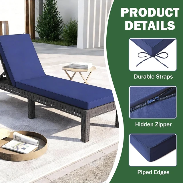 Alt view image 6 of 7 - 2 Pack 72x21x3 Inch Outdoor Chaise Lounge Cushion Waterproof Fade Resistant Dope Dyed Polyester Cushion with Secure Ties Quick Dry Foam Patio Pool Beach Replacement Cushion Navy Blue