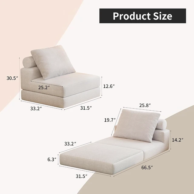Alt view image 2 of 7 - 3-in-1 Convertible Folding Sofa Bed, High Density Foam Floor Futon with Detachable Pillows, Washable Cover Portable Boneless Sleeper Couch for Bedroom Living Room Small Space
