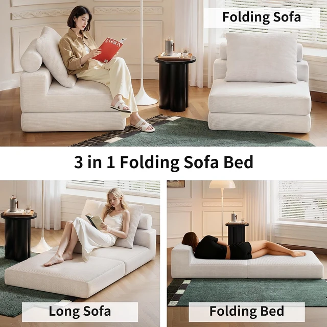 Alt view image 3 of 7 - 3-in-1 Convertible Folding Sofa Bed, High Density Foam Floor Futon with Detachable Pillows, Washable Cover Portable Boneless Sleeper Couch for Bedroom Living Room Small Space