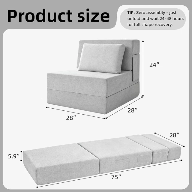 Alt view image 2 of 7 - Multi-Purpose Folding Sofa Bed Light Gray Memory Foam Convertible Sleeper Chair with Pillow Removable Washable Cover Portable Floor Futon Couch for Living Room Bedroom Apartment