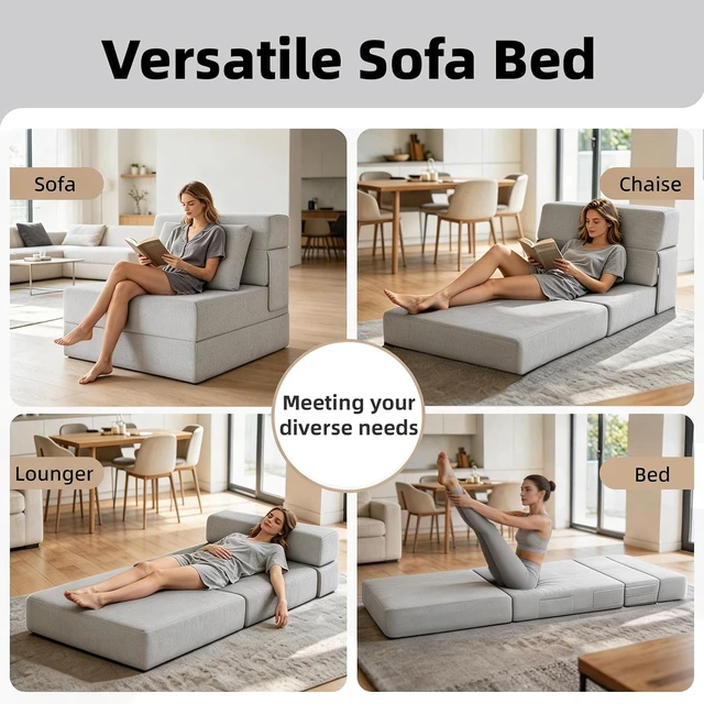 Alt view image 3 of 7 - Multi-Purpose Folding Sofa Bed Light Gray Memory Foam Convertible Sleeper Chair with Pillow Removable Washable Cover Portable Floor Futon Couch for Living Room Bedroom Apartment