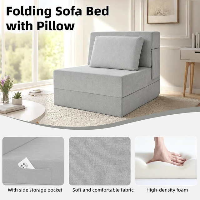 Alt view image 4 of 7 - Multi-Purpose Folding Sofa Bed Light Gray Memory Foam Convertible Sleeper Chair with Pillow Removable Washable Cover Portable Floor Futon Couch for Living Room Bedroom Apartment