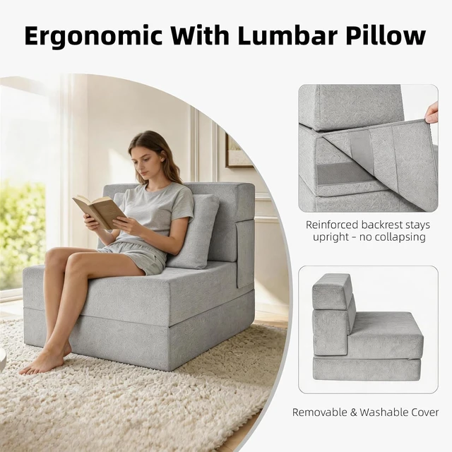 Alt view image 5 of 7 - Multi-Purpose Folding Sofa Bed Light Gray Memory Foam Convertible Sleeper Chair with Pillow Removable Washable Cover Portable Floor Futon Couch for Living Room Bedroom Apartment