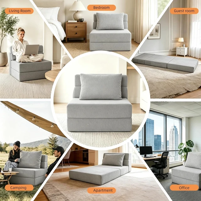 Alt view image 6 of 7 - Multi-Purpose Folding Sofa Bed Light Gray Memory Foam Convertible Sleeper Chair with Pillow Removable Washable Cover Portable Floor Futon Couch for Living Room Bedroom Apartment