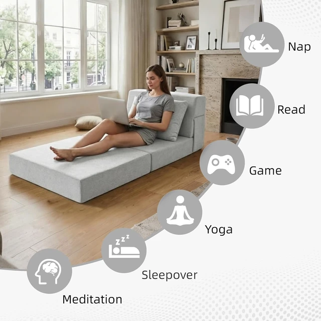 Alt view image 7 of 7 - Multi-Purpose Folding Sofa Bed Light Gray Memory Foam Convertible Sleeper Chair with Pillow Removable Washable Cover Portable Floor Futon Couch for Living Room Bedroom Apartment