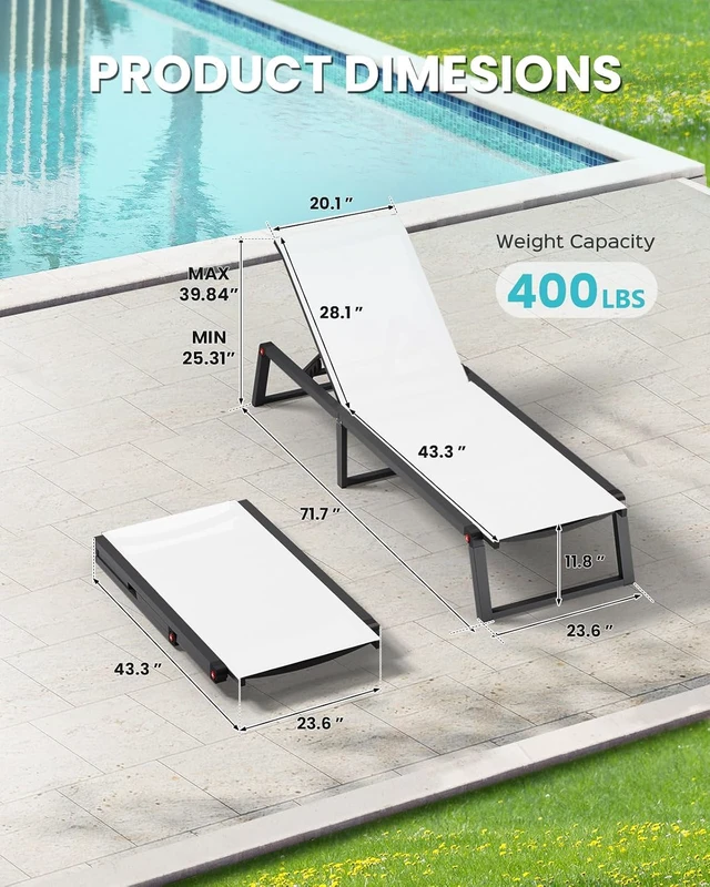 Alt view image 2 of 6 - Aluminum Folding Chaise Lounge Chair, 5 Position Adjustable Recliner, All Weather Textilene Mesh, Stable Grounded Legs, 400lbs Capacity for Patio Poolside Backyard