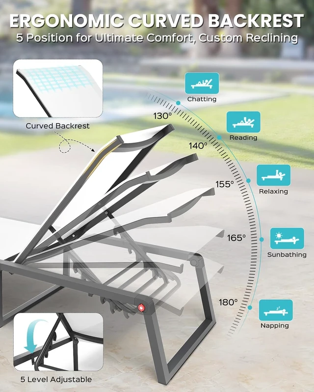 Alt view image 4 of 6 - Aluminum Folding Chaise Lounge Chair, 5 Position Adjustable Recliner, All Weather Textilene Mesh, Stable Grounded Legs, 400lbs Capacity for Patio Poolside Backyard