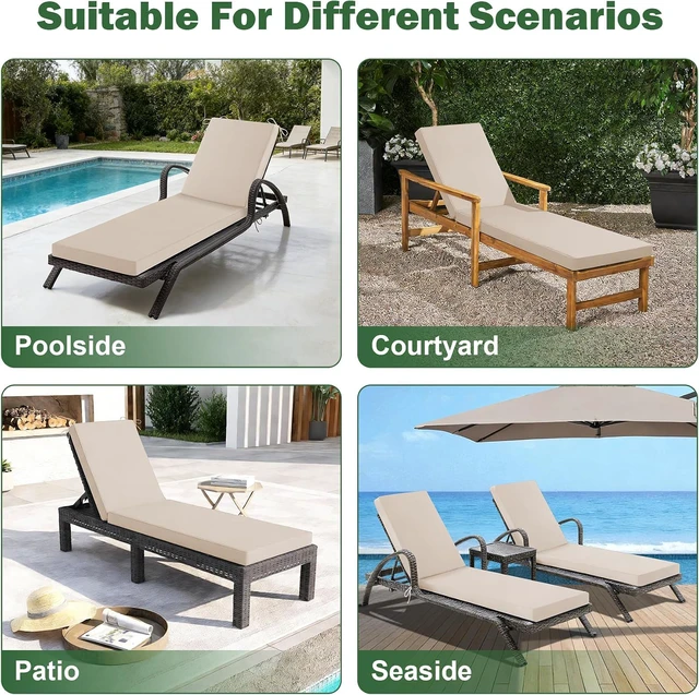 Alt view image 2 of 7 - 80x26x3 Inch Waterproof Fade Resistant Chaise Lounge Cushion Thick Foam Patio Chair Cushion with Removable Cover and Secure Ties for Patio Lawn Pool Beach Backyard Beige
