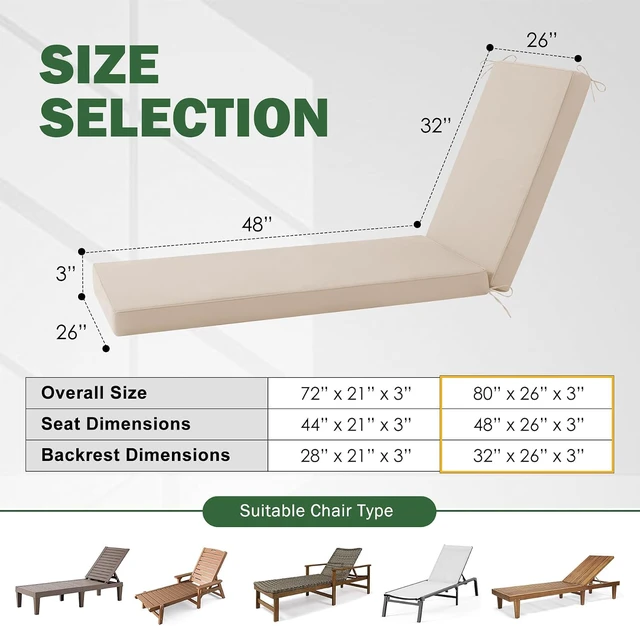 Alt view image 3 of 7 - 80x26x3 Inch Waterproof Fade Resistant Chaise Lounge Cushion Thick Foam Patio Chair Cushion with Removable Cover and Secure Ties for Patio Lawn Pool Beach Backyard Beige