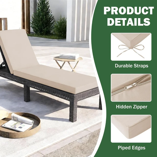 Alt view image 6 of 7 - 80x26x3 Inch Waterproof Fade Resistant Chaise Lounge Cushion Thick Foam Patio Chair Cushion with Removable Cover and Secure Ties for Patio Lawn Pool Beach Backyard Beige