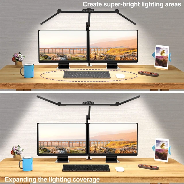 Alt view image 2 of 6 - 24W Ultra Bright Clamp LED Desk Lamp, Adjustable Swing Arm Table Light, Auto Dimming Sensor, Stepless Dimming & Color Temperature, Ambient Eye-Caring Light for Office Study