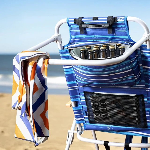 Alt view image 2 of 6 - Tall Beach Chairs for Adults, 17" High Backpack Beach Chair with Wooden Armrests, 5 Positions Reclining Heavy Duty Chair with Large Cooler Pouch, Support to 350LBS Striped Blue,1pack