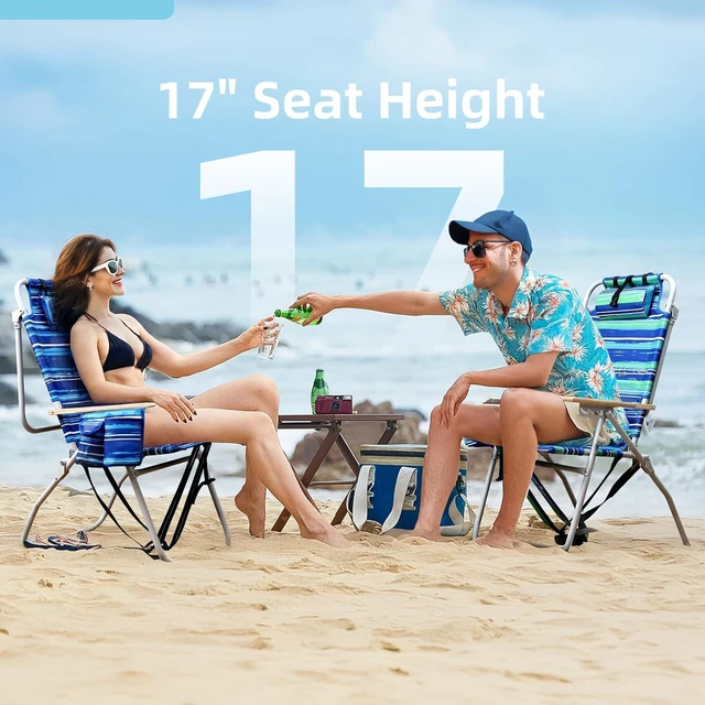 Alt view image 3 of 6 - Tall Beach Chairs for Adults, 17" High Backpack Beach Chair with Wooden Armrests, 5 Positions Reclining Heavy Duty Chair with Large Cooler Pouch, Support to 350LBS Striped Blue,1pack