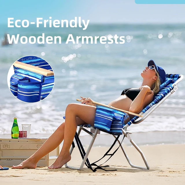 Alt view image 4 of 6 - Tall Beach Chairs for Adults, 17" High Backpack Beach Chair with Wooden Armrests, 5 Positions Reclining Heavy Duty Chair with Large Cooler Pouch, Support to 350LBS Striped Blue,1pack