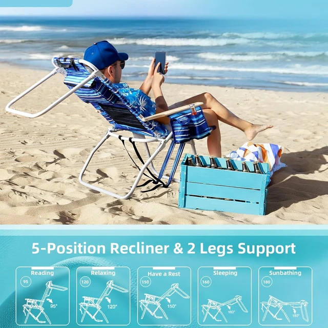 Alt view image 5 of 6 - Tall Beach Chairs for Adults, 17" High Backpack Beach Chair with Wooden Armrests, 5 Positions Reclining Heavy Duty Chair with Large Cooler Pouch, Support to 350LBS Striped Blue,1pack