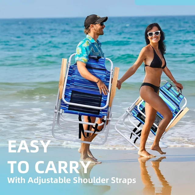 Alt view image 6 of 6 - Tall Beach Chairs for Adults, 17" High Backpack Beach Chair with Wooden Armrests, 5 Positions Reclining Heavy Duty Chair with Large Cooler Pouch, Support to 350LBS Striped Blue,1pack