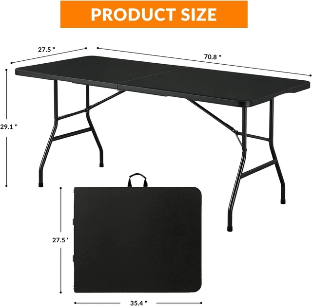 Alt view image 3 of 7 - 6 FT Fold-in-Half Utility Table, Heavy Duty HDPE Waterproof Tabletop with Rust Resistant Steel Legs, Portable No Assembly Folding Dining Table for Party Camping Wedding Indoor Outdoor Use, Black