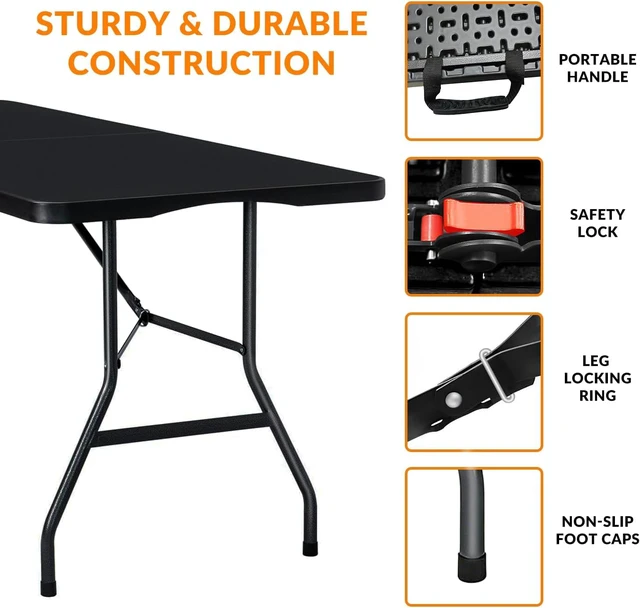 Alt view image 4 of 7 - 6 FT Fold-in-Half Utility Table, Heavy Duty HDPE Waterproof Tabletop with Rust Resistant Steel Legs, Portable No Assembly Folding Dining Table for Party Camping Wedding Indoor Outdoor Use, Black