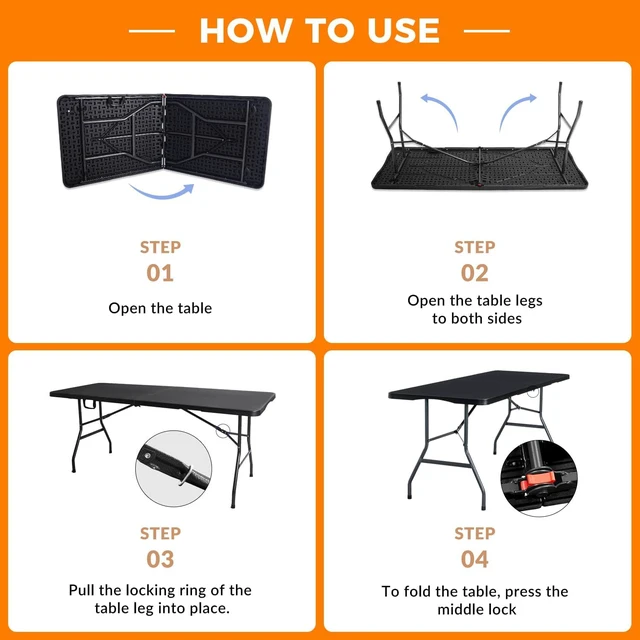 Alt view image 5 of 7 - 6 FT Fold-in-Half Utility Table, Heavy Duty HDPE Waterproof Tabletop with Rust Resistant Steel Legs, Portable No Assembly Folding Dining Table for Party Camping Wedding Indoor Outdoor Use, Black