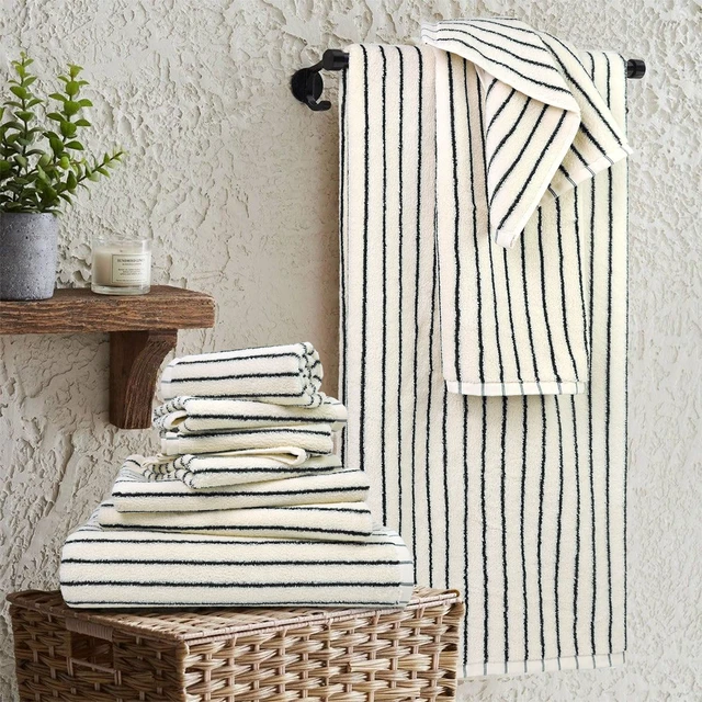 Alt view image 2 of 7 - 8-Piece Striped Cotton Towel Set, Super Soft Highly Absorbent Quick Drying Bathroom Towels, Black and Ivory Decorative Towel Assortment with Bath Towels Hand Towels Washcloths for Home Spa Travel