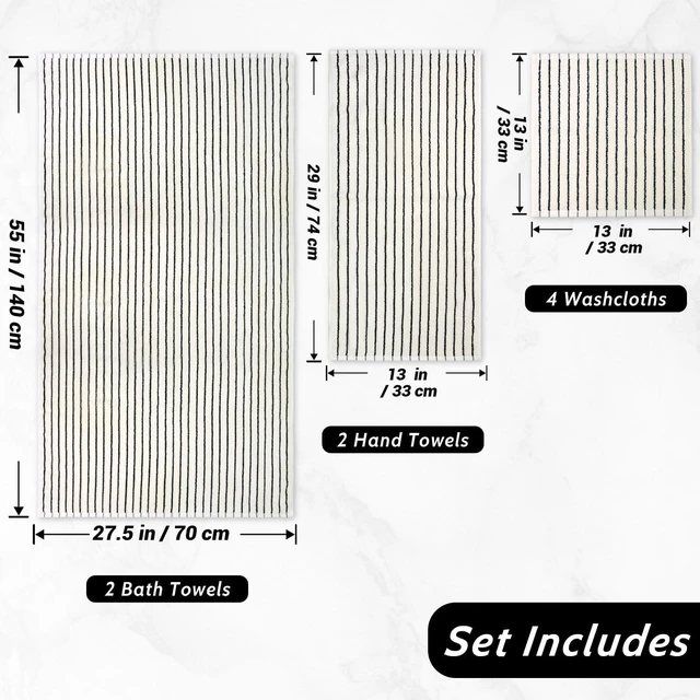Alt view image 4 of 7 - 8-Piece Striped Cotton Towel Set, Super Soft Highly Absorbent Quick Drying Bathroom Towels, Black and Ivory Decorative Towel Assortment with Bath Towels Hand Towels Washcloths for Home Spa Travel