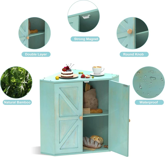 Alt view image 2 of 3 - Double Layer Bamboo Corner Bread Box, Large Capacity Kitchen Counter Bread Storage Container, Farmhouse Style Multipurpose Food Storage Organizer with Magnetic Door, Antique Blue