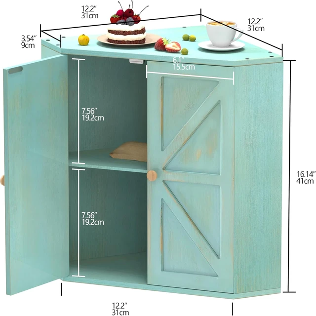 Alt view image 3 of 3 - Double Layer Bamboo Corner Bread Box, Large Capacity Kitchen Counter Bread Storage Container, Farmhouse Style Multipurpose Food Storage Organizer with Magnetic Door, Antique Blue
