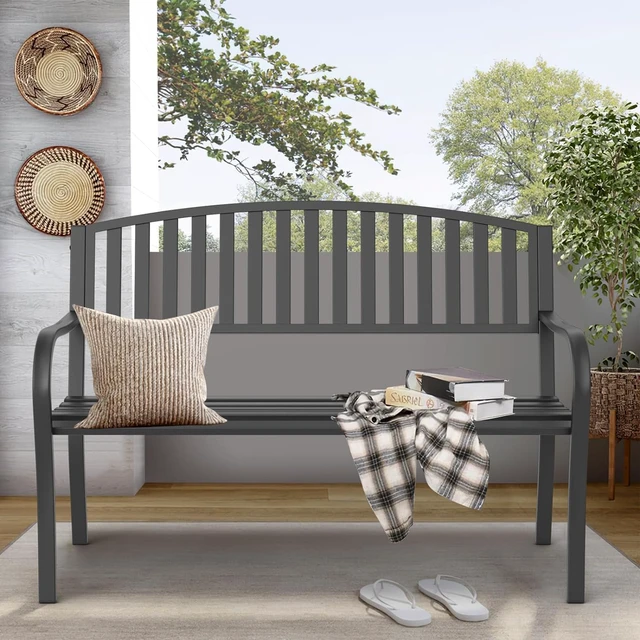 Alt view image 2 of 4 - 50 Inch Weatherproof Outdoor Garden Bench, All Cast Iron Anti-Rust Metal Frame Bench, Ergonomic Curved Backrest Patio Bench with 550 lbs Capacity for Front Porch Yard Lawn Deck Park
