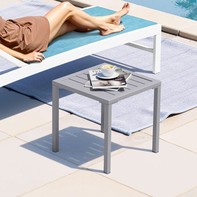 Alt view image 2 of 7 - Set of 2 Aluminum Outdoor Side Tables, Weather Rust Resistant Small Square End Table, Waterproof Light Gray Patio Coffee Table for Yard Garden Porch Deck Poolside Indoor Outdoor Use