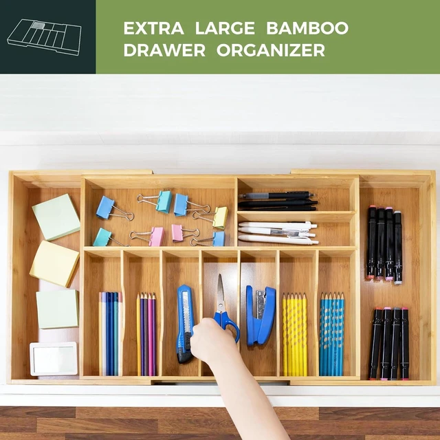 Alt view image 4 of 6 - Expandable Bamboo Kitchen Drawer Organizer, Extra Large Adjustable Cutlery Divider with Removable Knife Block, 10-12 Compartments Multifunctional Utensil Storage Holder for Kitchen Drawer
