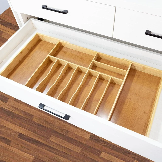 Alt view image 5 of 6 - Expandable Bamboo Kitchen Drawer Organizer, Extra Large Adjustable Cutlery Divider with Removable Knife Block, 10-12 Compartments Multifunctional Utensil Storage Holder for Kitchen Drawer