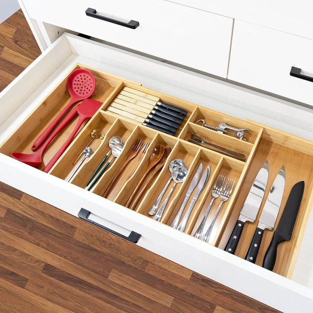 Alt view image 6 of 6 - Expandable Bamboo Kitchen Drawer Organizer, Extra Large Adjustable Cutlery Divider with Removable Knife Block, 10-12 Compartments Multifunctional Utensil Storage Holder for Kitchen Drawer