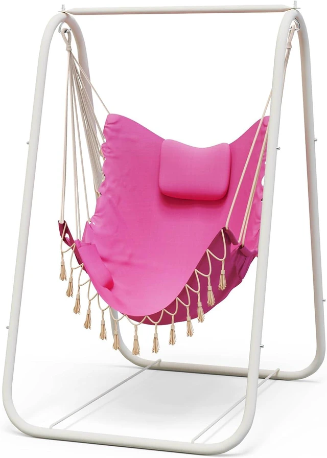 Main image of Heavy Duty Hammock Chair with A-Frame Stand, Rustproof Powder Coated Swing Stand with Square Support Base, Ergonomic Hanging Chair with Pillow and Side Pocket for Indoor Outdoor Patio Yard Porch, Pink